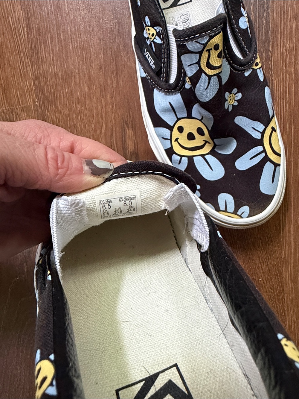 Vans Slip-On Sneakers - Black with Blue & Yellow Smiley Daisies - Picture 5 of 5